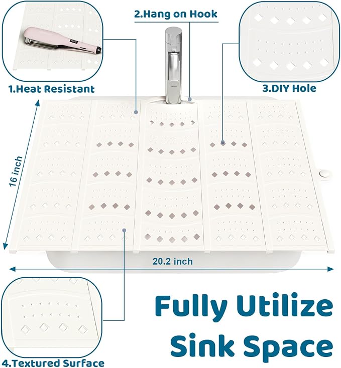 Bathroom Sink Cover for Counter Space, Foldable Silicone Sink Mat Makeup Organizer Mat Space Saver, Women’s Gifts for Valentine RV Camper Travel Must Haves Accessories, Pearl