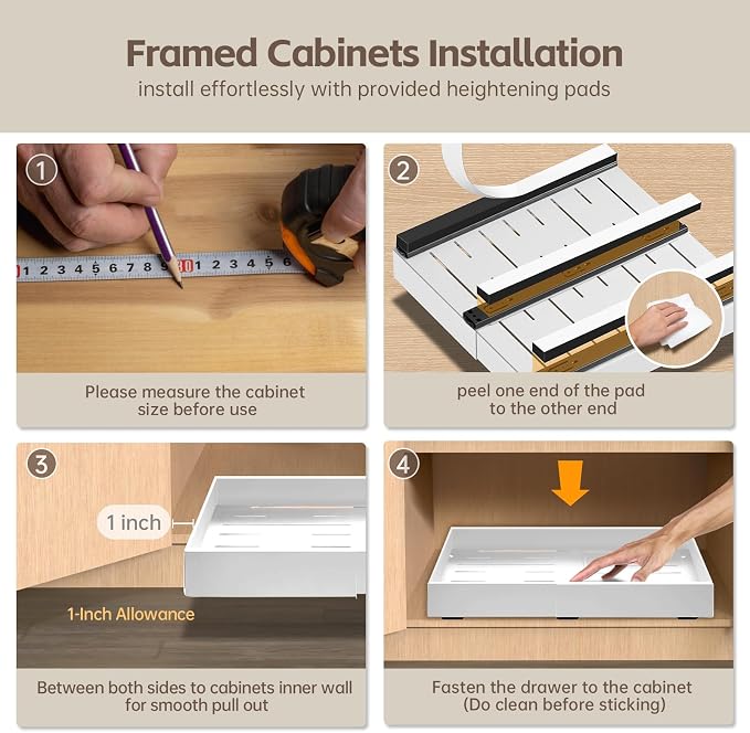 2Pack Expandable Pull Out Cabinet Organizer 21" Deep - Sliding Drawer Organizer Roll Out Shelves Adhesive - Adjustable Width 15.2"-26.2" W (White)