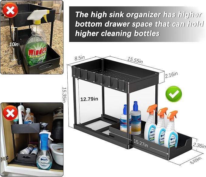 2 Pack Under Sink Organizers and Storage, 2-Tier Sliding Cabinet Basket Organizer with Hooks, Multi-Purpose Under Sink Organizers and Storage for Bathroom Kitchen