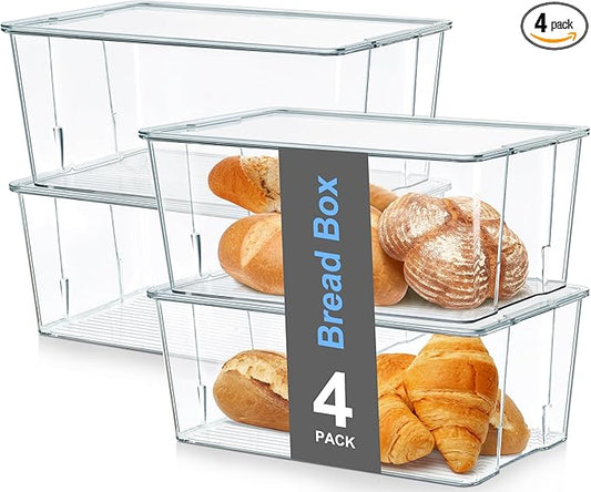 Hudgan 4 Pack Bread Box for Kitchen Countertop, Bread Storage Container with Lid for Bagel, Donut and Cookies, Clear Breadbox Keeper for Muffin