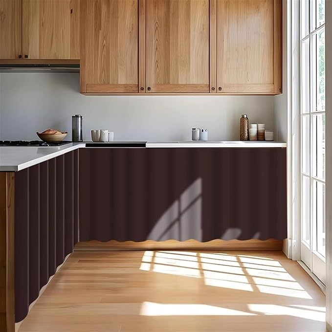 Under Sink Curtain for Closet, Privacy Short Cabinet Curtain Self Stick Adhesive Desk Skirt for Kitchen Classroom, Coffee, 32" W x 28" L