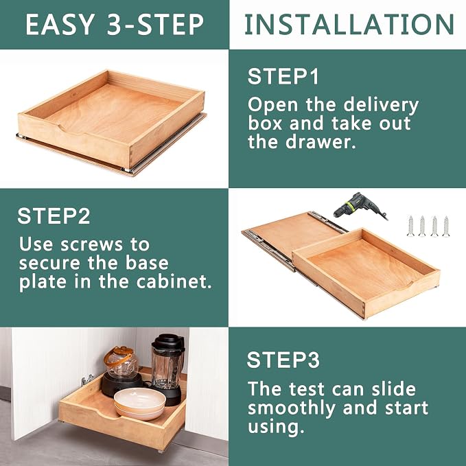 Pull Out Drawers for Kitchen Cabinets, Fully Assembled Wood Cabinet Pull Out Drawer, Pull Out Cabinet Organizer, Fast and Easy DIY Installation, 23”W x 21”D