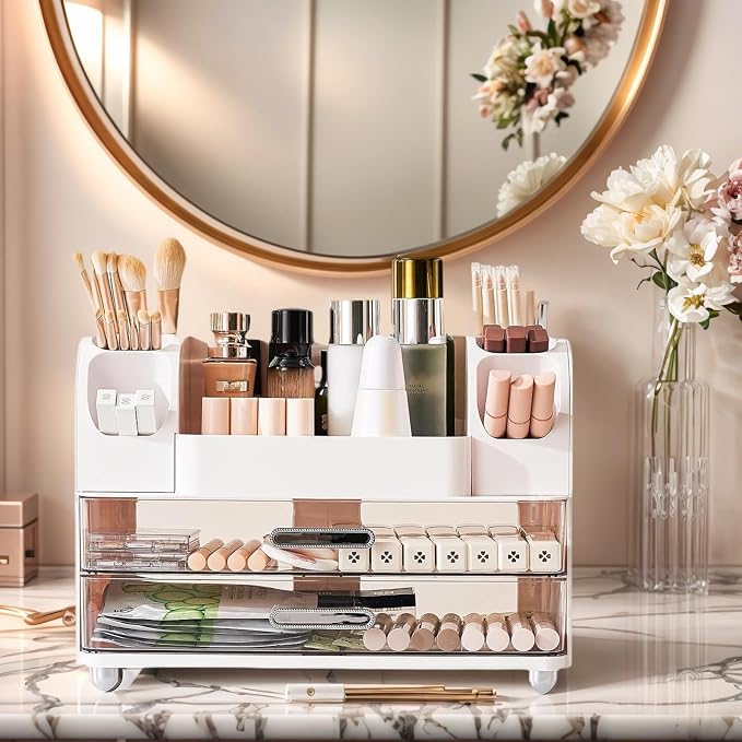 Makeup Organizer with 2 Drawers, Cosmetic Display Case, Storage Holder for Vanity, Bathroom Counter, Desk, Beauty Supplies (Cream)