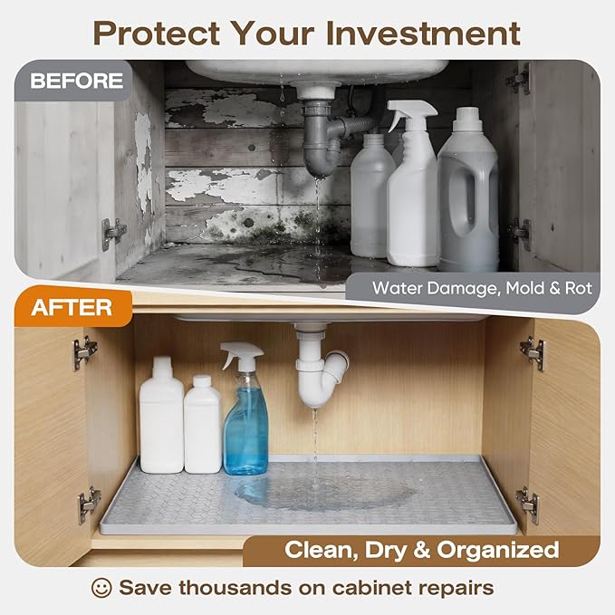 TRZZ Silicone Waterproof Under Sink Mat 28" x 19", Drip Tray and Cabinet Liner for Kitchen and Bathroom, Prevents Water Damage and Organizes Cabinets (Beige)