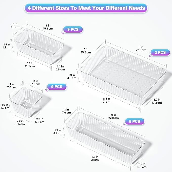 25 PCS Clear Plastic Drawer Organizer Set - 4 Sizes Makeup Organizer Desk Drawer Divider Bathroom Organizers and Storage Bins for Makeup, Jewelry, Gadgets, Office, Kitchen, Bedroom, Bathroom