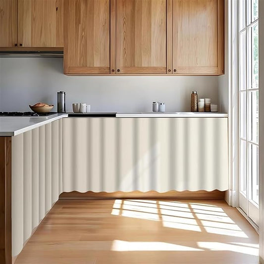 Under Sink Curtain for Closet, Privacy Short Cabinet Curtain Self Stick Adhesive Desk Skirt for Kitchen Classroom, Beige, 35" W x 28" L