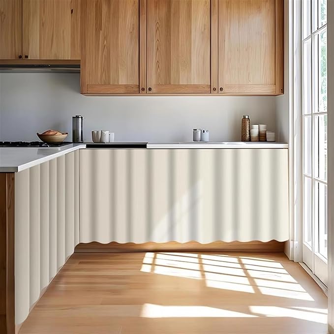 Under Sink Curtain for Closet, Privacy Short Cabinet Curtain Self Stick Adhesive Desk Skirt for Kitchen Classroom, Beige, 32" W x 28" L