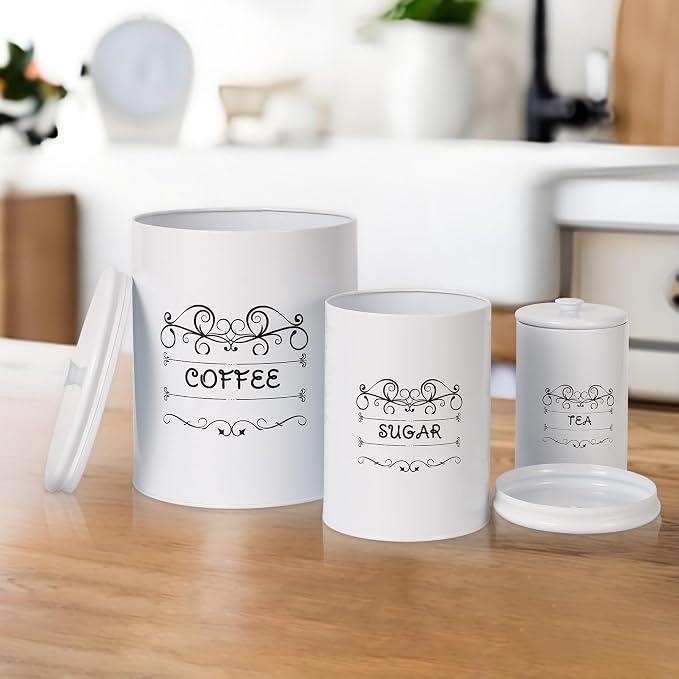 Kitchen Canisters Set of 3, Food Storage Containers for Countertop, Large Airtight Coffee Sugar Tea Containers with Lids, White Farmhouse Decor