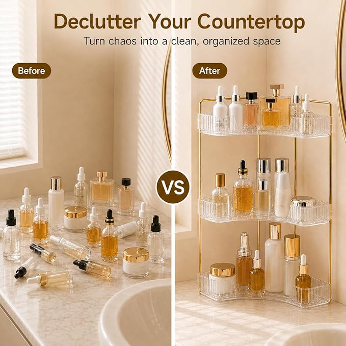 Ceruaxb 3-Tier Corner Bathroom Counter Organizer, Plastic Countertop Makeup Organizer, Large Capacity Vanity Bathroom Perfume Shelf Rack for Kitchen Office Desktop (Clear)