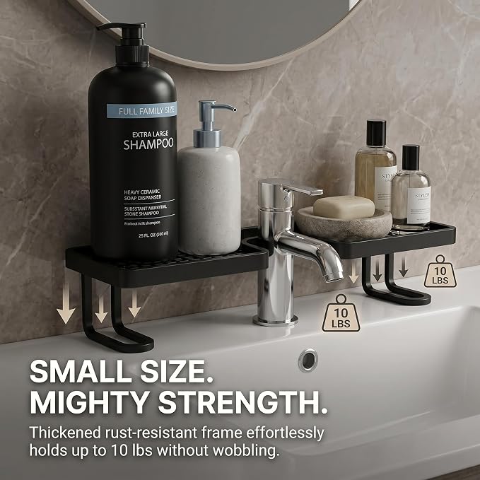 Behind The Faucet Sink Organizer with 20-Pack Pull-Out Microfiber Cloths, No-Drill U-Shaped Bathroom Countertop Shelf, Holds 10 Lbs, Quick Drain Washbasin Space Saver (White)