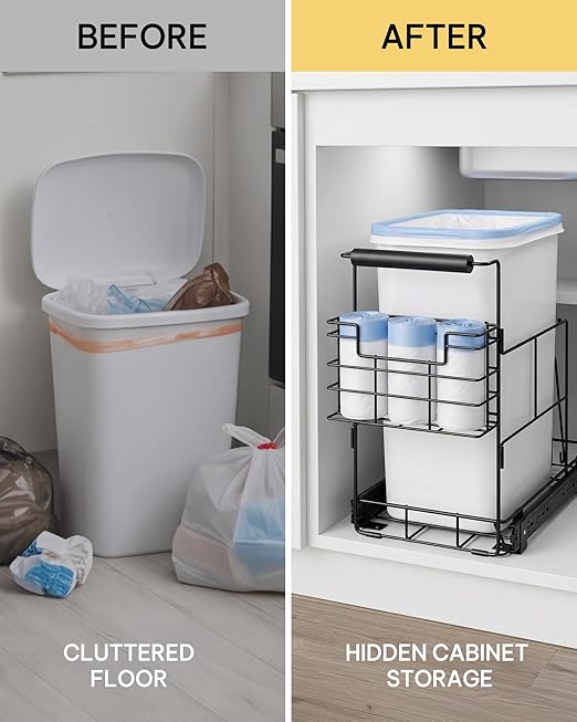 Bulado Pull Out Trash Can Under Cabinet, Under Sink Trash Can Kit with Side Bag Holder, Cabinet Pull Out Organizer for 7.5-10 Gallon Bin, Easy Installation, Bin Not Included