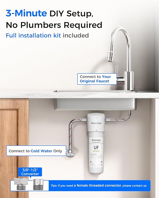 Waterdrop 10UAW-UF 0.01 μm Ultra Filtration Under Sink Water Filter System, 1 Year, Reduces Lead, Chlorine, Bad Taste & Odor, Connects Directly to Your Faucet