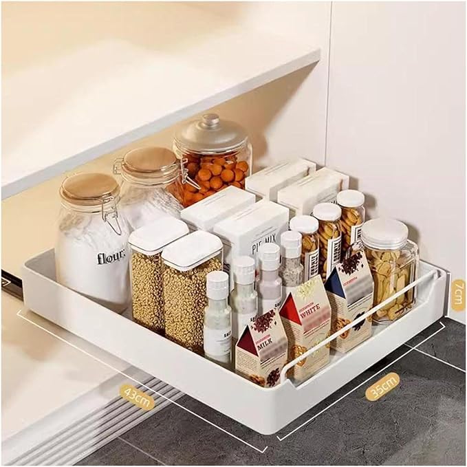Pull Out Cabinet No Drill No Nails Sliding Storage Solution for Kitchen & Bathroom White 43x30x7cm Easy to Install Space Saving Design，White 43 * 35 * 7cm