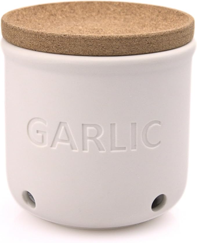 Okavango Garlic Keeper - White Ceramic Container with cork lid - Garlic Storage - Garlic Holder Countertop - Garlic Jar -Saver - Bowl - Garlic Cellar (White, 16oz)
