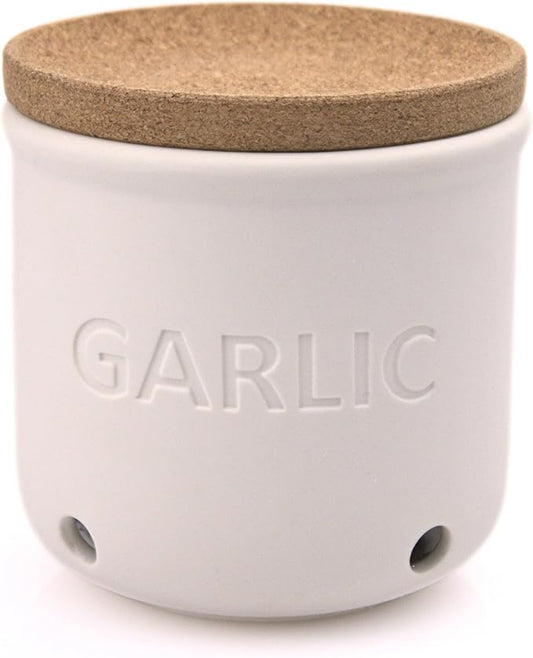 Okavango Garlic Keeper - White Ceramic Container with cork lid - Garlic Storage - Garlic Holder Countertop - Garlic Jar -Saver - Bowl - Garlic Cellar (White, 16oz)