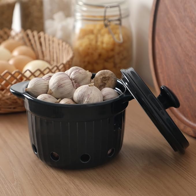 Garlic Keeper with Lid, Ceramic Garlic Saver Container for Countertop, Kitchen Decor (Navy)