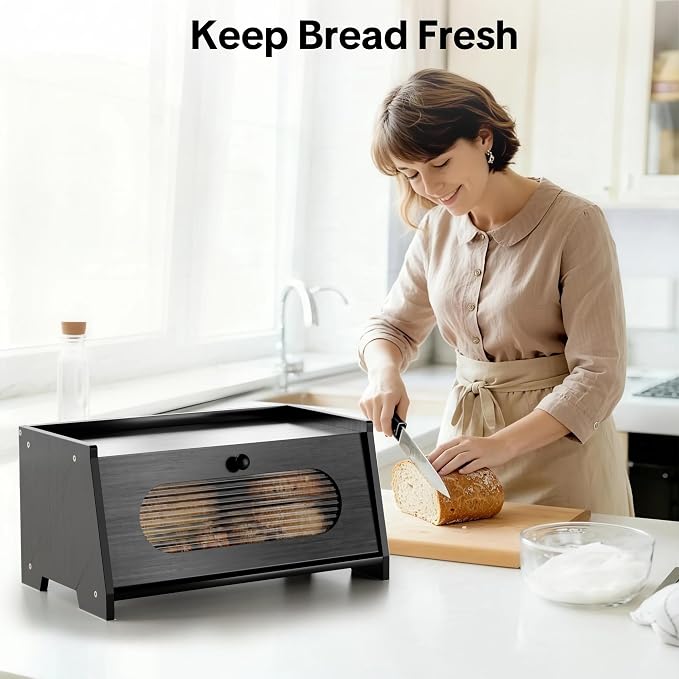 Black Bread Box for Kitchen Countertop,Large Capacity Kitchen Countertop Organizer,Bread Storage with Acrylic Window for Cabinet,Pantry,Cupboard