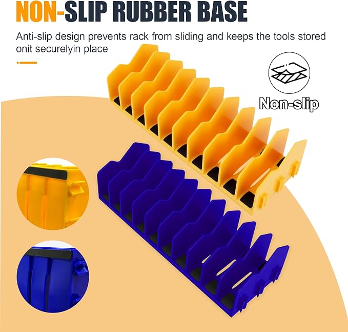 2PCS Plier Organizer Rack, 10-Slot Pliers Cutters Holder with Non-Slip Rubber Base, Extendable ToolBox Drawer Storage Accessory, Fits 3" H Tools, Pliers, Screwdrivers, Wrenches (Blue/Yellow)