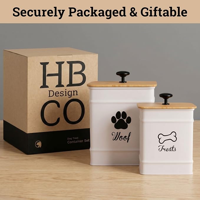 Dog Treat Container Airtight Set of 2 - 8x6 & 7x5 inch Iron Dog Treat Jars for Kitchen Counter with Airtight Bamboo Lids - 20 Cup Capacity Pet Treat Container Set - Doggie Cookie Jar - Treats Canister