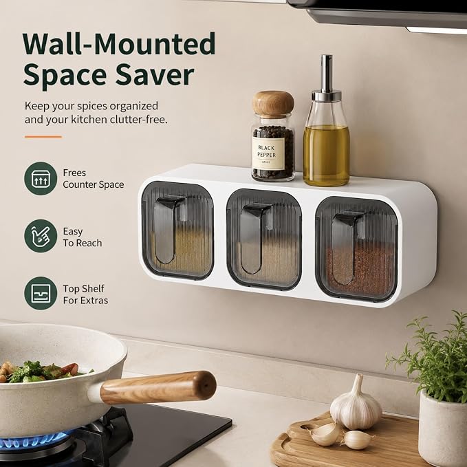 Wall Mounted Spice Box Organizer with Spoons, No Drill Kitchen Seasoning Containers for Salt Sugar Pepper, Pull Out Seasoning Storage Holder for Countertop Cabinet Pantry (White 3 Compartments)