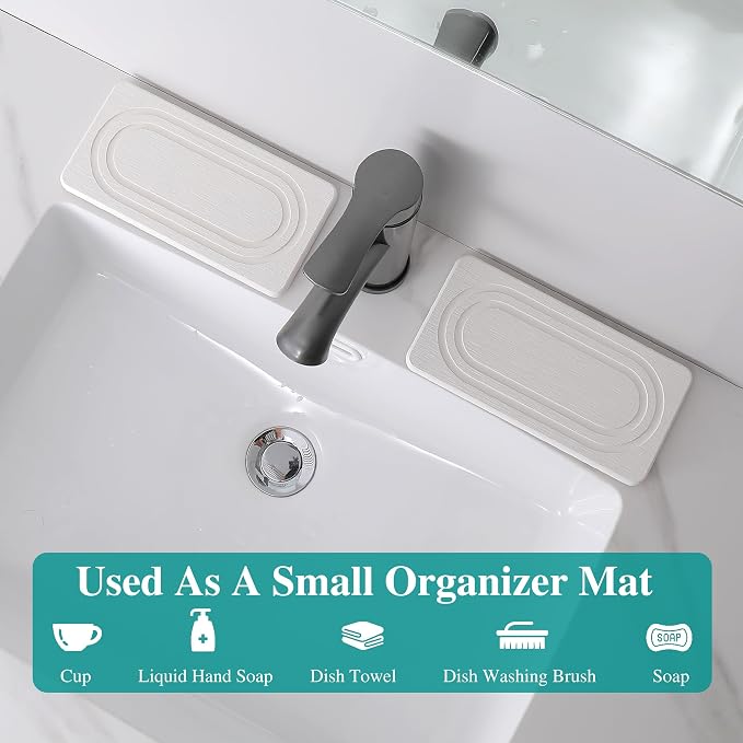 2PCS Water Absorbing Stone Tray for Sink, Quick Drying Diatomite Bathroom Tray Countertop, Stone Drying Mat for Kitchen Counter Faucet, Soap Dish Dispenser Vanity Organizer, White-7.9" x 4"