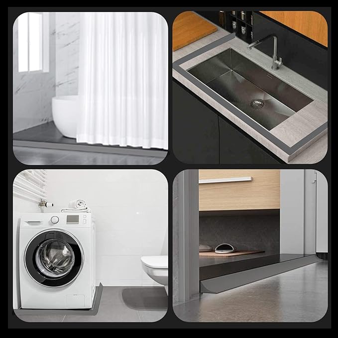 New Collapsible Shower Threshold Water Dam, Self Adhesive Silicone Waterproof Barrier Bathroom and Kitchen Water Strip Dam Shower Guard for Dry And Wet Separation Caulk Seal Strip Edge Trim(Grey)