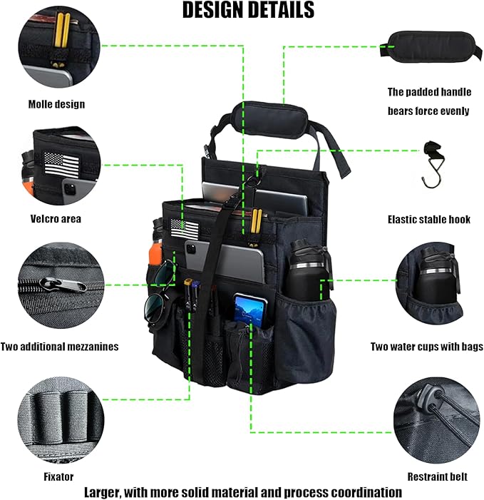 Front & Seat back organizer with dedicated tablet and 15.6 IN laptop storage stabilizers external stabilizing side straps soft adjustable shoulder straps hardened buckle (Black)