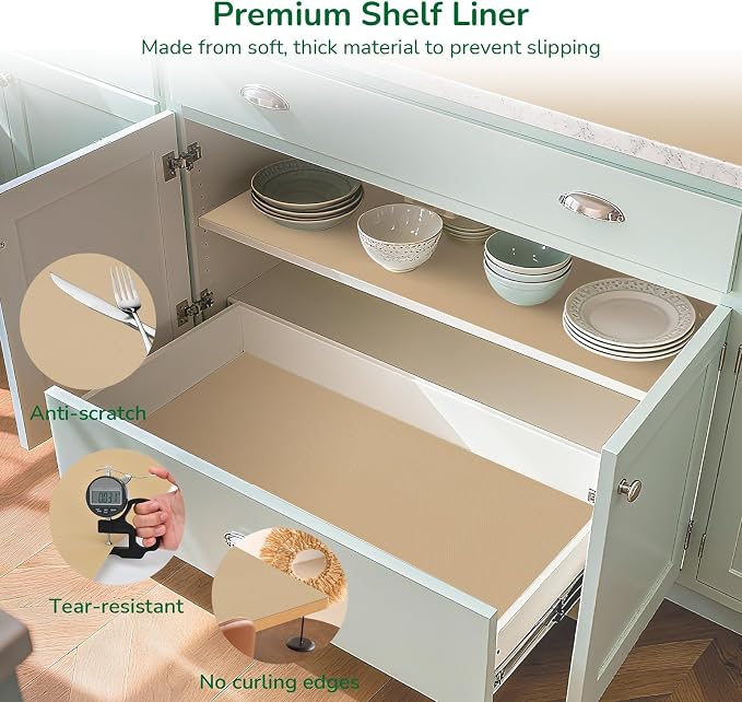 Drawer and Shelf Liner for Kitchen, Non-Slip Non-Adhesive Cabinet Liners for Cupboard, Dresser, Shelves, Tool Box, Pantry, Thickened Easy Install, Strong Grip, 11.8In x 20FT, Beige