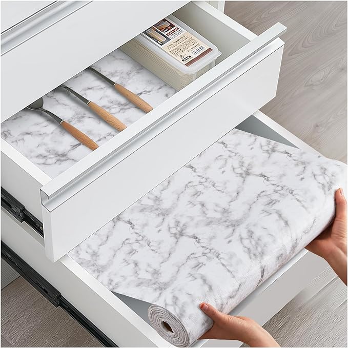 Drawer and Shelf Liner, Non-Slip Kitchen Cabinet Liners Non-Adhesive Thick Strong Grip Waterproof Washable Mats Protect Dresser Shelves Cupboard Bathroom Cabinets, White Marble, 24 in X 10 FT