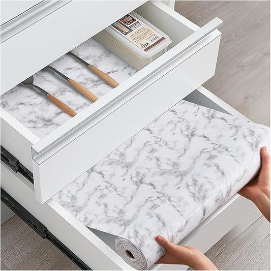 Drawer and Shelf Liner, Non-Slip Kitchen Cabinet Liners Non-Adhesive Thick Strong Grip Waterproof Washable Mats Protect Dresser Shelves Cupboard Bathroom Cabinets, White Marble, 12 in X 30 FT