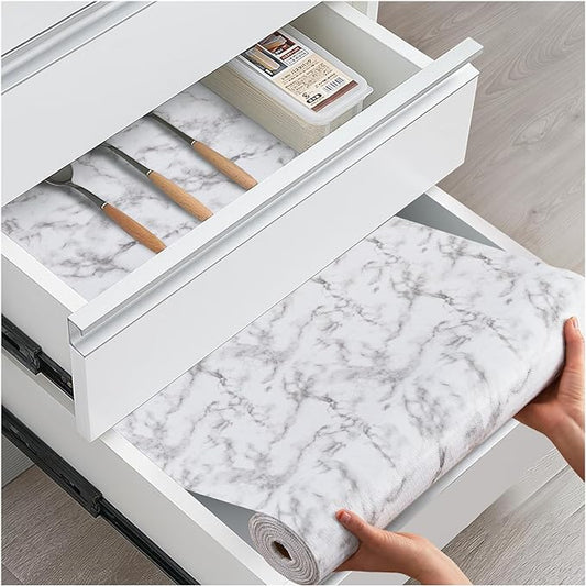 Drawer and Shelf Liner, Non-Slip Kitchen Cabinet Liners Non-Adhesive Thick Strong Grip Waterproof Washable Mats Protect Dresser Shelves Cupboard Bathroom Cabinets, White Marble, 18 in X 30 FT