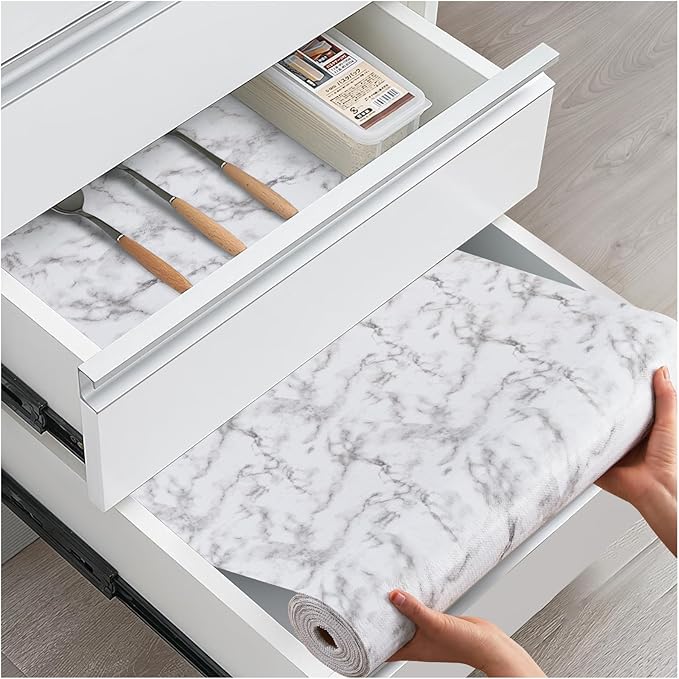 Drawer and Shelf Liner, Non-Slip Kitchen Cabinet Liners Non-Adhesive Thick Strong Grip Waterproof Washable Mats Protect Dresser Shelves Cupboard Bathroom Cabinets, White Marble, 12 in X 10 FT