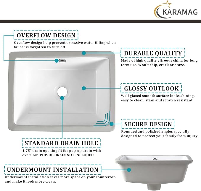 16 Inch Undermount Bathroom Sink Small Rectangle Undermount Sink White Ceramic Under Counter Bathroom Sinks with Overflow (15.70"x11.69")