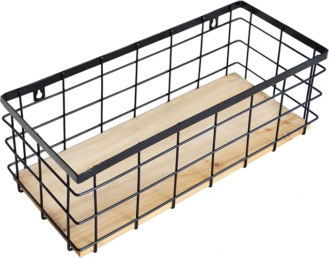 ShabbyDecor Metal Wire Basket Detachable Wood Base Storage Organizer Farmhouse Hanging Basket for Kitchen Cabinets, Bathroom, Pantry, Laundry Room,1 Pack in Black Color,Size Big