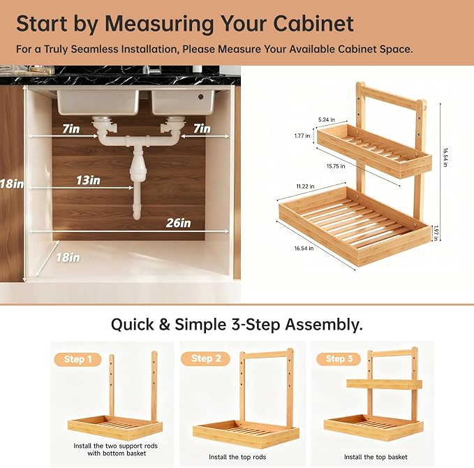 2-Tier Under Sink Pull Out Organizer, Bamboo Cabinet Storage Shelf with Adjustable Height, Slide Out for Kitchen Bathroom Pantry (Natural, 1 Pack)