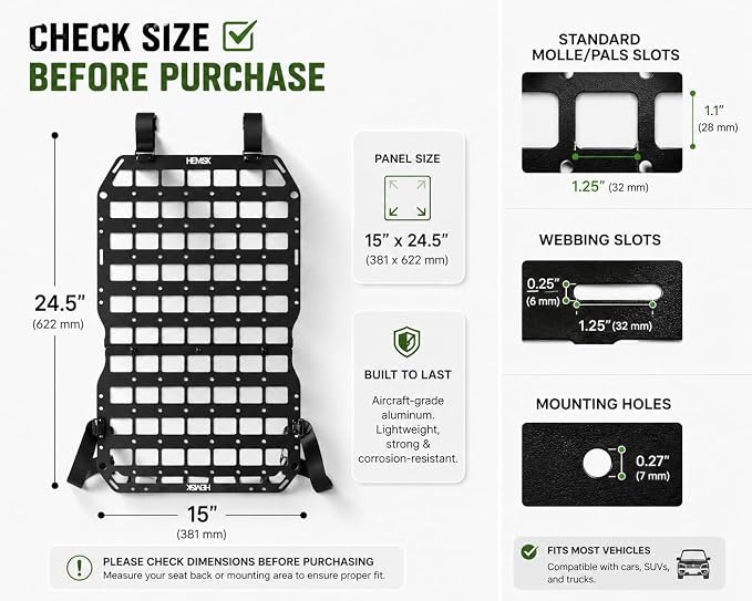 Metal MOLLE Seat Back Panel, 1 Seat Kit, 2mm Aluminum Vehicle Organizer for Most Standard Seat Backs, No-Drill Strap Mount, Compatible with Many MOLLE/PALS-Style Accessories