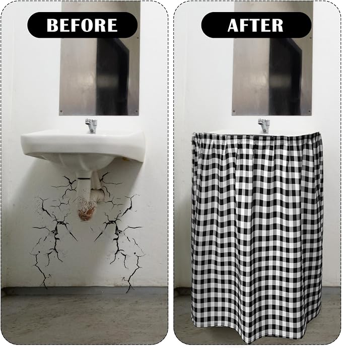 Fabric Sink Skirt Diamond Bathroom Stitch Self Stick Adhesive Waterproof Fabric Under Sink Curtain Skirt 55 x 32 Inch Adds Bathroom Storage(Black and White,Classic Style)