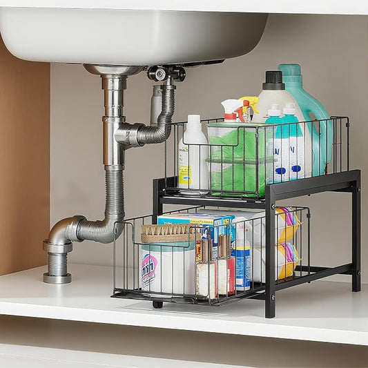 INGIORDAR 1 Pack Under Sink Organizer 2 Tier Multi Purpose Pull Out Cabinet Storage Organizers for Bathroom and Kitchen Under Sink Shelf Rust-resistant Coating Height Adjustable Black