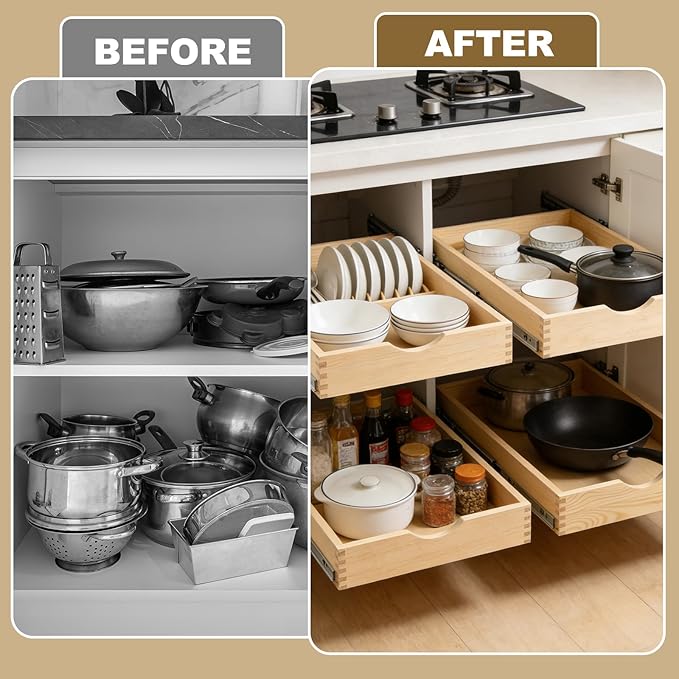 26" Pull Out Cabinet Drawer (Fits 27" Cabinet Opening), Wood Slide Out Cabinet Shelf Organizer with Ball Bearing Slides, Clear Lacquer Finish, Heavy Duty Kitchen Cabinet Pull Out Shelves