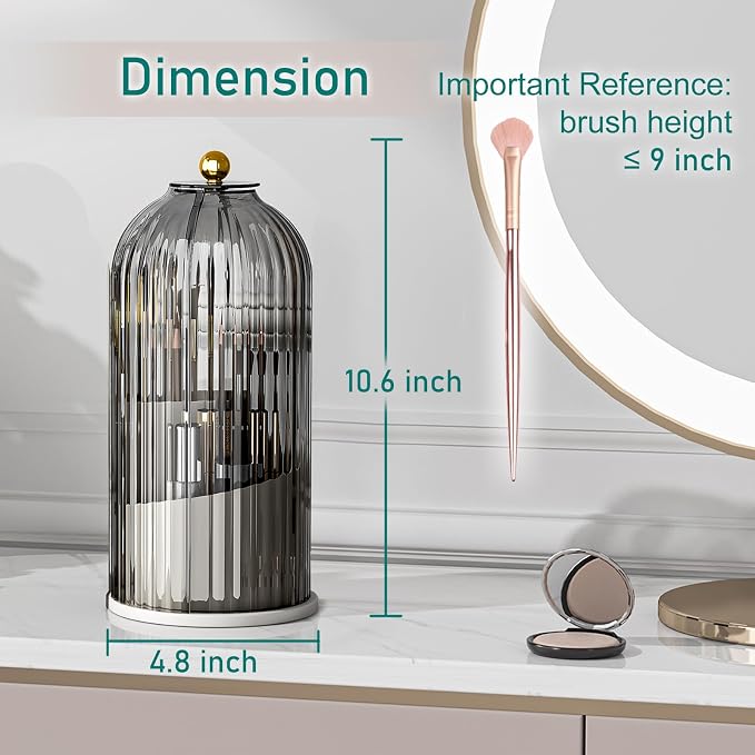 GAXmi Makeup Brush Holder with Lid Rotating Cosmetic Tools Organizer, Grey | 360 Rotation, Waterproof, Dustproof, Moistureproof