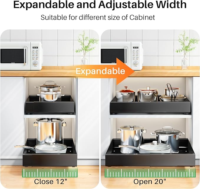 Pull out Cabinet Organizer, Expandable(12"-20") Heavy Duty Peel and Stick Roll out Drawer for Pots and Pans, Adjustable Adhesive No Drill Screw Slide out Shelf Storage for Home Kitchen Pantry