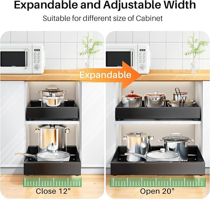 PXRACK Pull out Cabinet Organizer, Expandable(12"-20") Heavy Duty Peel and Stick Roll out Drawer for Pots and Pans, Adjustable Adhesive No Drill Screw Slide out Shelf Storage for Home Kitchen Pantry
