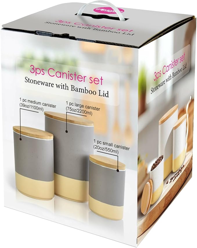 Canisters Sets for Kitchen,Set of 3 Ceramic Kitchen Canisters Food Storage Jar with Airtight Wood Lids,for Flour Cereal Sugar Tea Coffee Beans Snacks Containers(Gray)