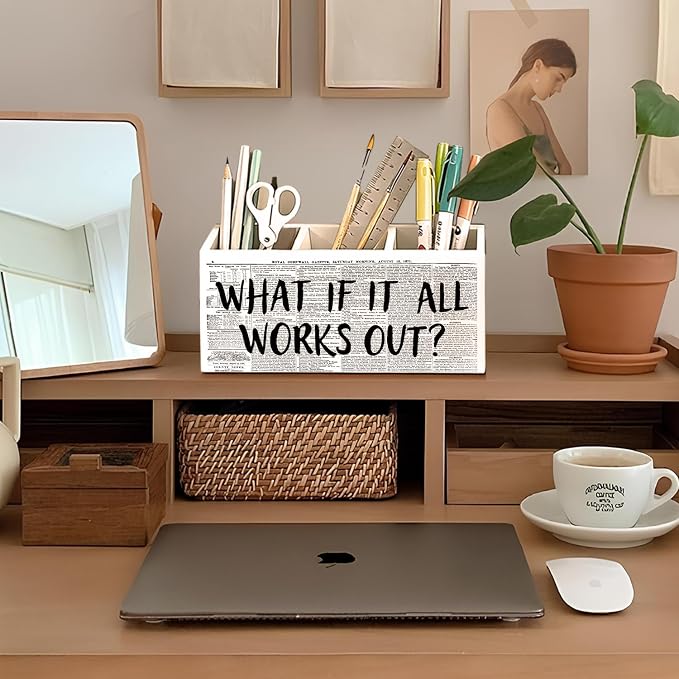 What If It All Works Out Pen Holder, Positive Affirmation Gifts for Women Pencil Holder for Desk, Inspirational Motivational Wooden Box Sign Decorations for Girly Room Dorm Desk Tabletop