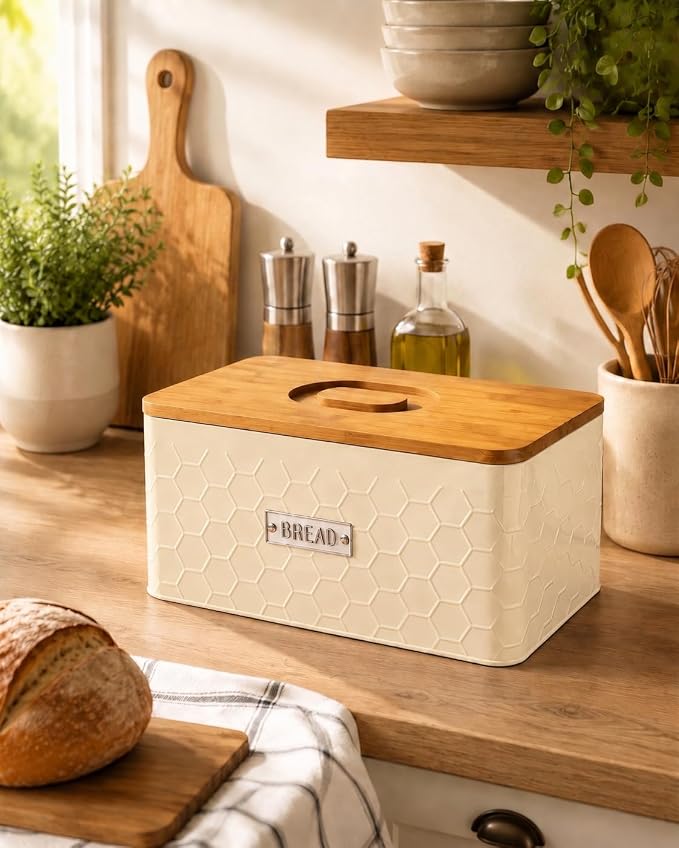 vensovo Bread Box for Countertop – Large Cream White Metal Bread Bin with Bamboo Cutting Board Lid, Farmhouse Bread Storage Container for Homemade Bread, Baked Goods & Kitchen Counter Organization