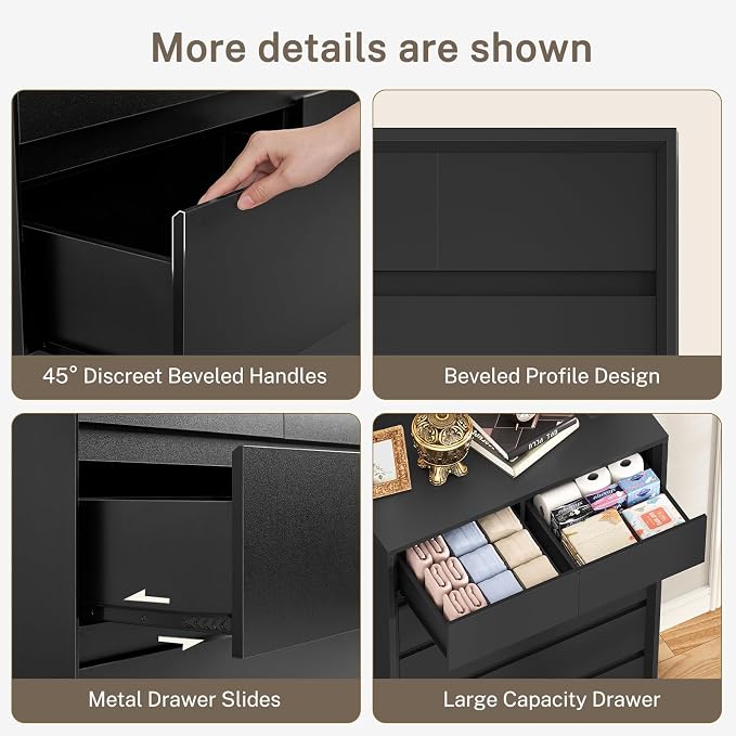TEENFON 51.6" Tall Dresser for Bedroom with 7 Drawers, Black Dresser with Metal Slide, Bedroom Dressers, Wood Dressers & Chests of Drawers for Bedroom, Hallway, Black