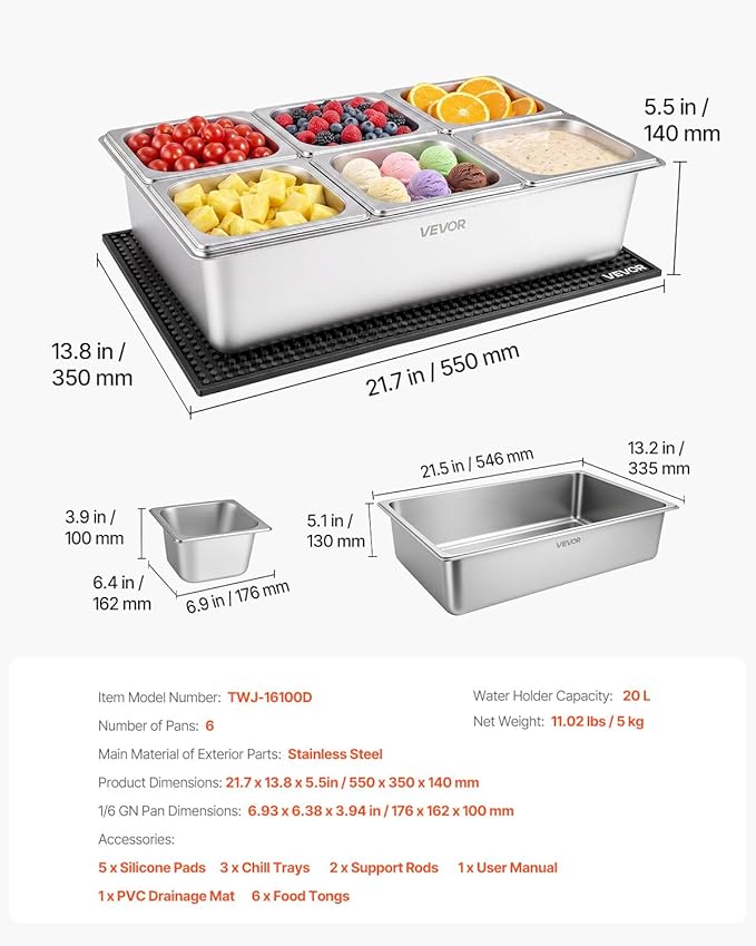 VEVOR Countertop Food Serving Display Container, Stainless Steel Food Salad Server Tray, Buffet Condiment Dispenser, Ice Cooled Rack with Separate Lid, for Restaurant, Hotel, Party (6x1/6 Pan)
