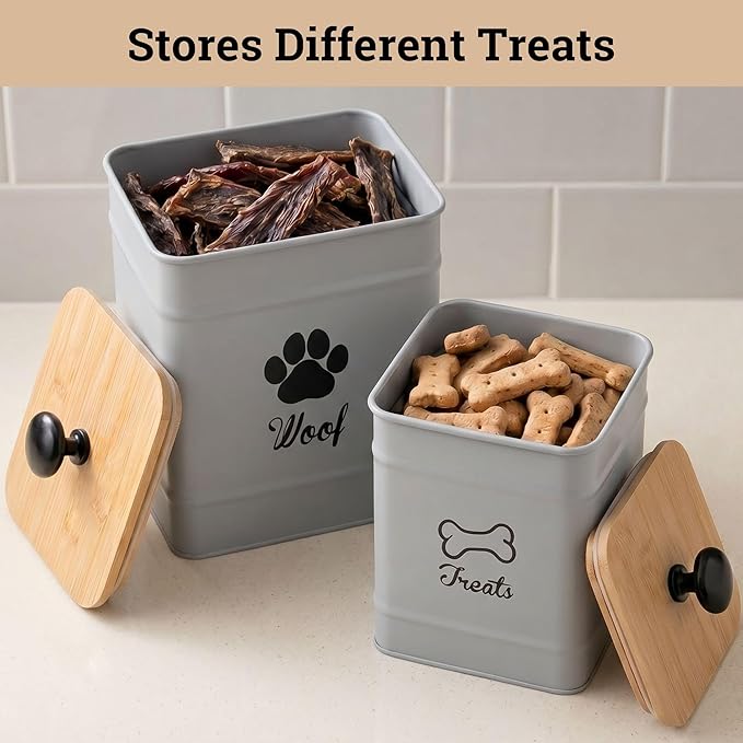Dog Treat Container Airtight Set of 2 - 8x6 & 7x5 inch Iron Dog Treat Jars for Kitchen Counter with Airtight Bamboo Lids - 20 Cup Capacity Pet Treat Container Set - Doggie Cookie Jar - Treats Canister