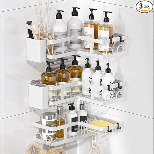 3 Pack Corner Shower Caddy Organizer, Rustproof Corner Shower Shelves, No Drilling Bathroom Corner Shelf with Hooks and Toothpaste Holder