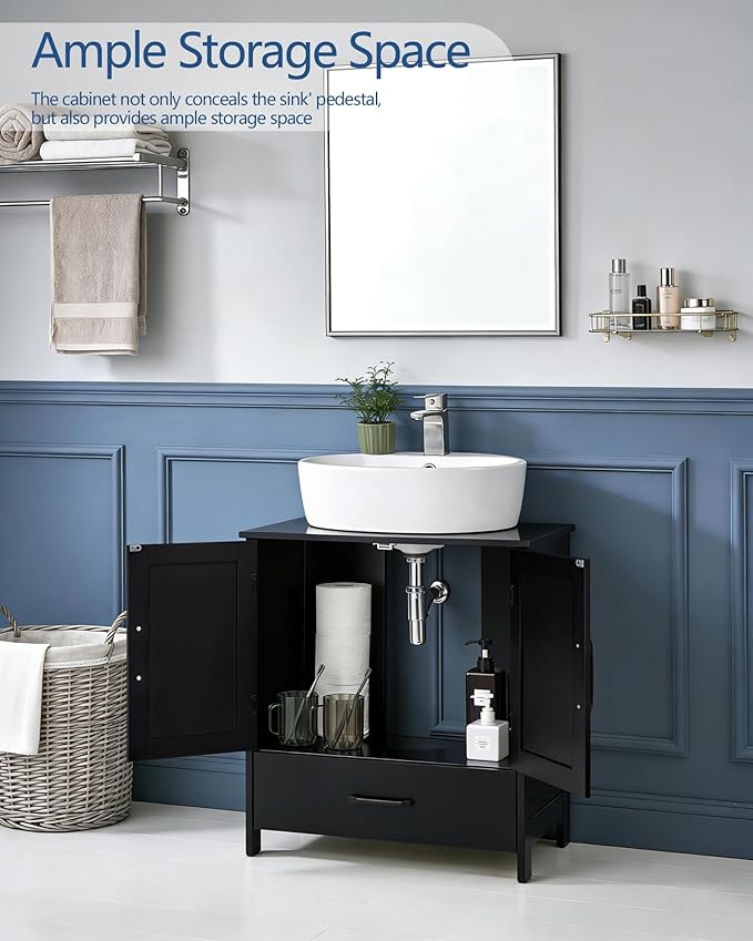 Bathroom Vanity Sink Cabinet, Under Sink Storage Cabinet with 2 Doors, Waterproof Pedestal Sink Cabinet for Bathroom, Laundry Room, Kitchen, Black with Drawer